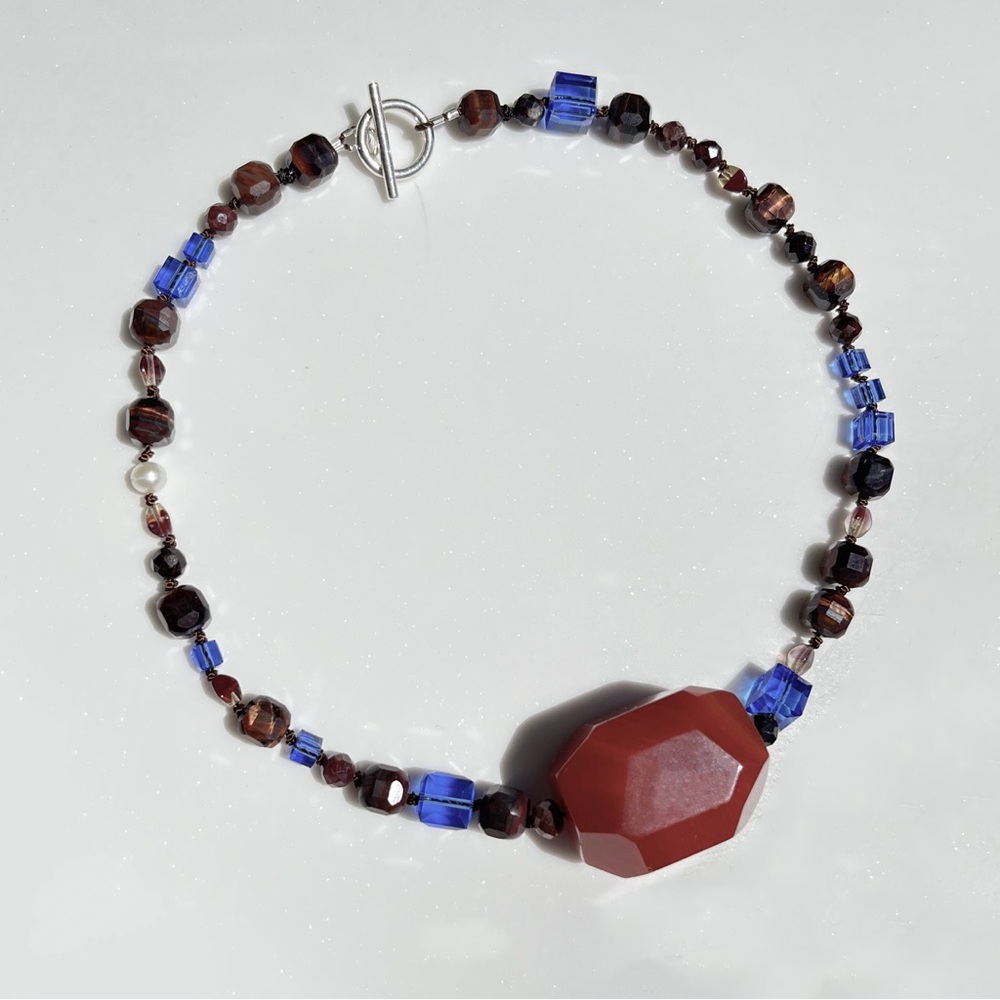 Swarovski, Tigers Eye, Pearl Hand Knotted Necklace with Sterling Silver Clasp
